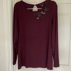 1X, eggplant long sleeve embellished